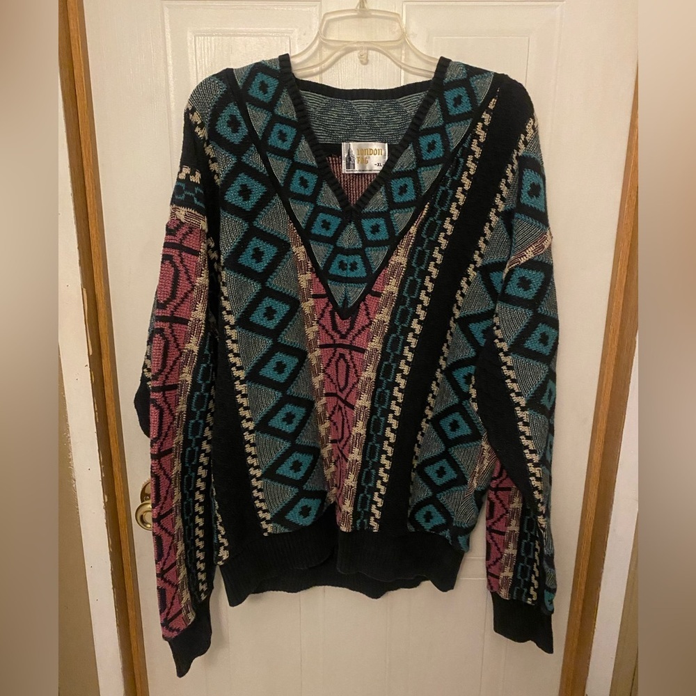 VTG London Fog Multicolor Knit V-Neck 90’s Sweater